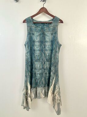 Umgee Blue Washed Lace Overlay Sleeveless Dress with Cream Ruffle Hem